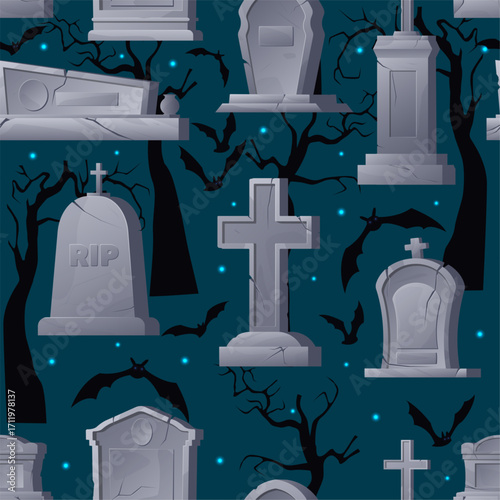 Night cemetery with graves and gravestones. Graveyard seamless pattern. Autumn bare trees or bats. Old gothic stone crypt. Repeated print. Spooky RIP tomb. Vector Halloween background