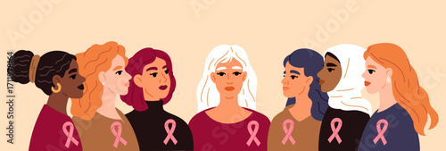 Multicultural beautiful women with pink ribbon symbolizing breast cancer prevention and control. Survivors group solidarity. Female multiethnic community. Awareness event. Vector concept
