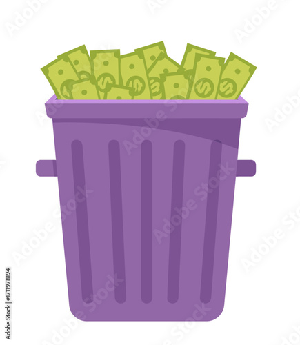 Money paper bills in trash. Economy recession. Finance value. Currency heap in dustbin. Garbage container. Dollar devaluation. Vector concept of inflation and financial depreciation