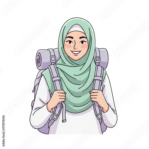 Illustration of young muslim woman wearing hijab and backpack