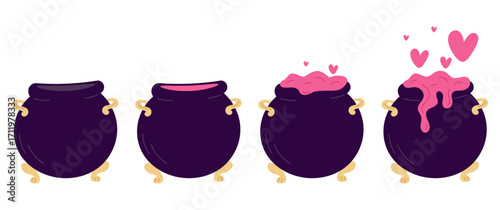 Metal cauldron with magic spell potion. Stages of preparation of love elixir. Fantasy pot with toxic smoke. Aphrodisiac essence drink. Witchcraft and alchemy boiler. Vector magical set