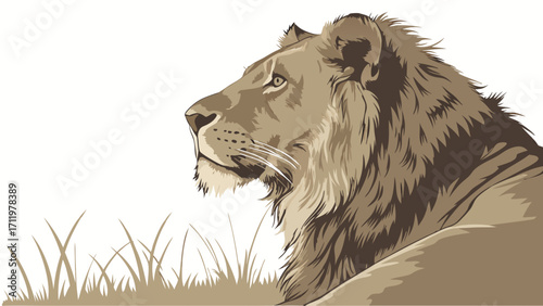 Majestic Lion Profile in Grassland Wildlife Animal Art Illustration.