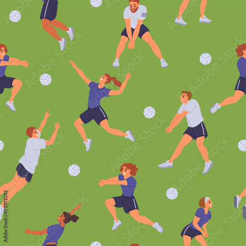Men and women play with ball. Sport team game seamless pattern. Athletes play volleyball. Repeated print. Sportsman throwing and catching. Volleyballer competition. Vector background