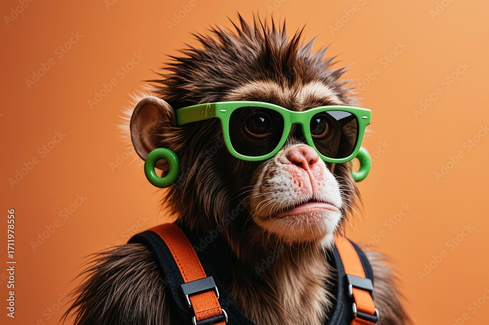 Obraz premium Realistic photo of a spiky brown-furred monkey wearing green oversized rectangular sunglasses and circular ear accessories with dark orange harness on warm orange background