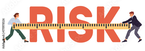 Man and woman measuring word risk with ruler. Risky management. Dangers and threats control. Negative probability measurement. Vector concept of hazard level assessment and analysis