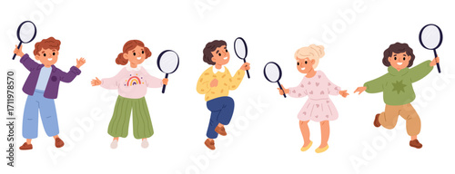 Little girls and boys with magnifying glasses. Children explore world. Happy young people looking through magnifiers. Discovery and exploration. Detective investigation. Vector concept