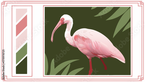 Pink Bird Illustration Tropical Bird Art Elegant Bird Design Exotic Bird Image Wildlife Illustration Nature Print Green Background Pink Feathers Bird Artwork Vector Illustration Digital.