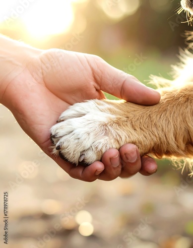 A human hand gently touching a dog's paw