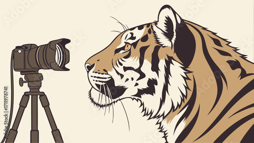 Wildlife Photography Big Cat Portrait Camera on Tripod DSLR Tiger Head Animal Image Nature Illustration Vector Graphic Wildlife Art Photography Equipment Camera Lens Studio Shot Graph.