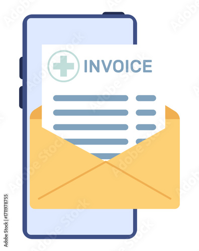 Letter with medical bill for treatment from hospital on your cell phone screen. Invoice in envelope. Smartphone display. Paying document. Mobile app with clinic account. Vector concept
