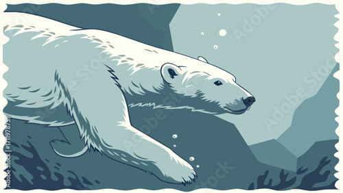 Polar Bear Swimming Underwater Arctic Animal Illustration Wildlife Art Design.