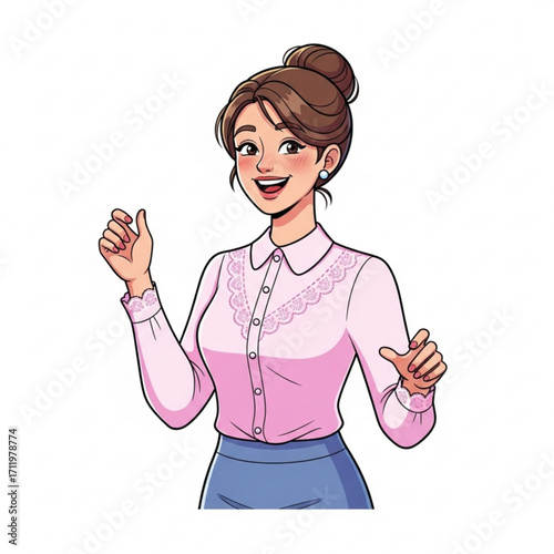 Illustration of smiling woman in pink blouse and blue skirt