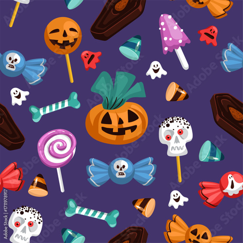 Halloween sweets seamless pattern. Trick or treat candies. Monster shaped lollipop and bonbon. Repeated print. Sugar skull. October holiday fun. Bone and ghost jelly. Vector background