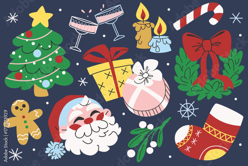 Festive set of Christmas elements. New Year's cartoon stickers. Xmas objects, Christmas tree, Santa Claus, gifts, wreath, stocking, candles, and sweets. Vector illustration