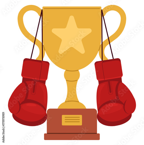 Golden trophy cup with boxing gloves. Prize for winning boxers tournament or match. Sport award ceremony. Victory gold goblet. Fight championship. Kickboxing competition. Vector concept