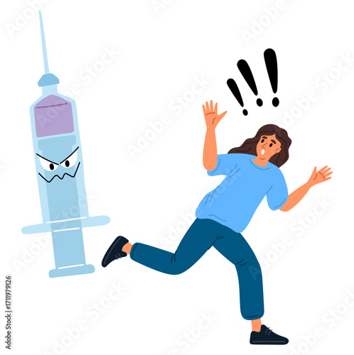 Frightened woman runs away from syringe. Fear of needles. Panicked patient escape. People afraid of vaccination. Doctors with injector. Fearful procedure. Vector jatrophobia concept