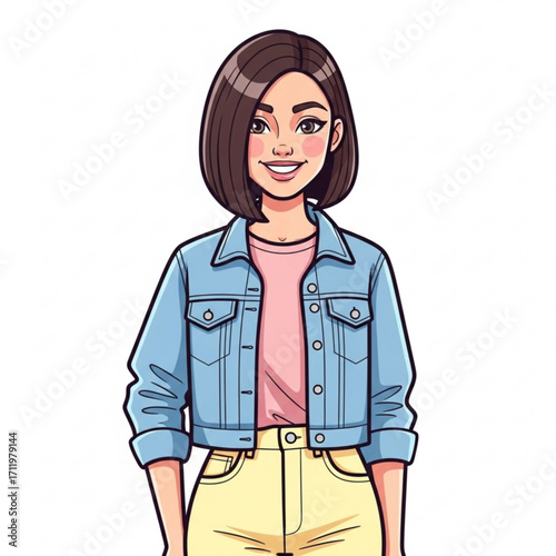 Illustration of young woman with bob haircut wearing denim jacket and yellow pants