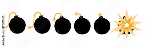 Black bomb icons with burning wick and explosion. War attack. Exploding process steps. TNT detonator. Grenade gunpowder explosive detonation. Timer fuse ignition. Bombing vector set