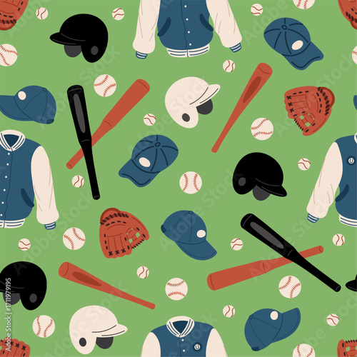 Baseball seamless pattern. Sport bat and ball. Uniform helmet. Sportswear for playing game. Repeated print. Championship league. Pitchers softball. Sportsman cap. Vector background