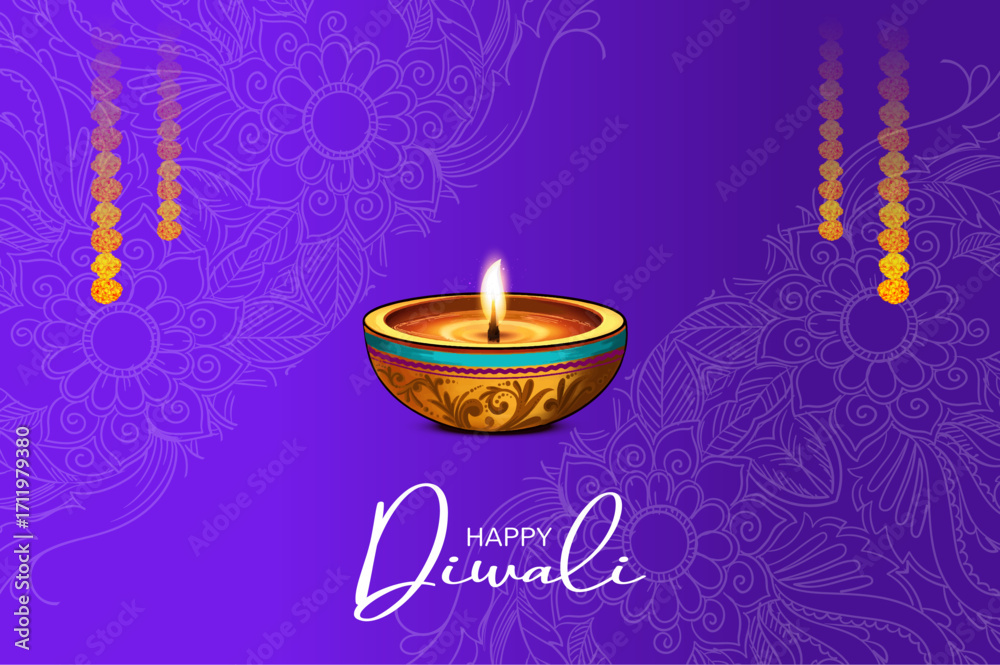Naklejka premium Happy Diwali Festival Celebration with Traditional Diya Lamp on Purple Background