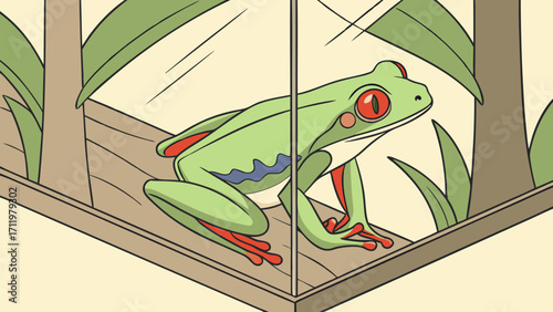Red-eyed Tree Frog in Terrarium Cartoon Illustration Amphibian Reptile Wildlife Nature Zoo Animal Green Frog Exotic Animal Pet Tropical Rainforest Jungle Illustration Graphic Desi.