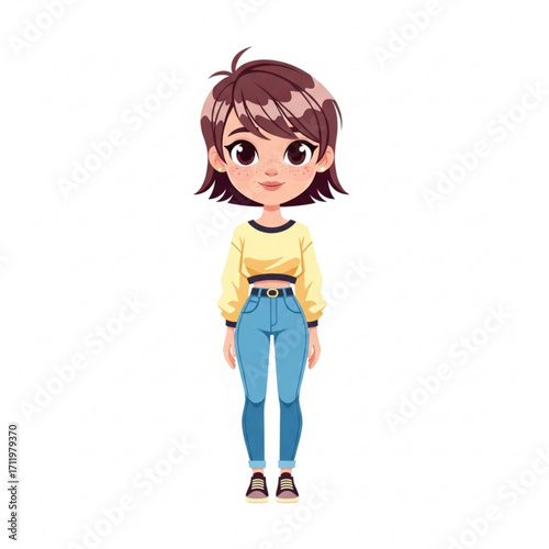 Illustration of cute cartoon girl in yellow sweater and blue jeans