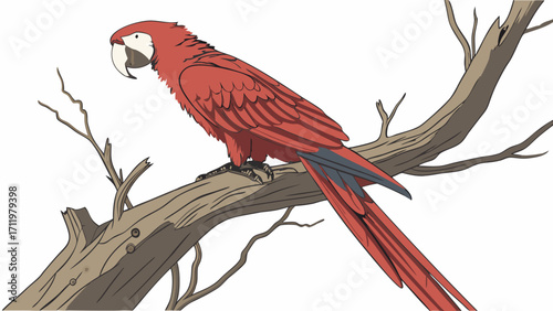 Scarlet Macaw Perched on a Branch Tropical Bird Illustration Wildlife Art Exotic Bird Design.