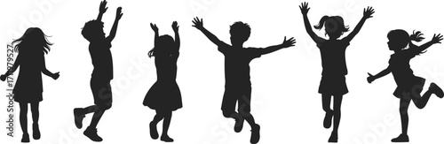 Silhouettes of happy children jumping and playing, joyful kids, active childhood, outdoor fun, carefree moments, black vector illustration, movement, energy, friendship, freedom, happiness.
