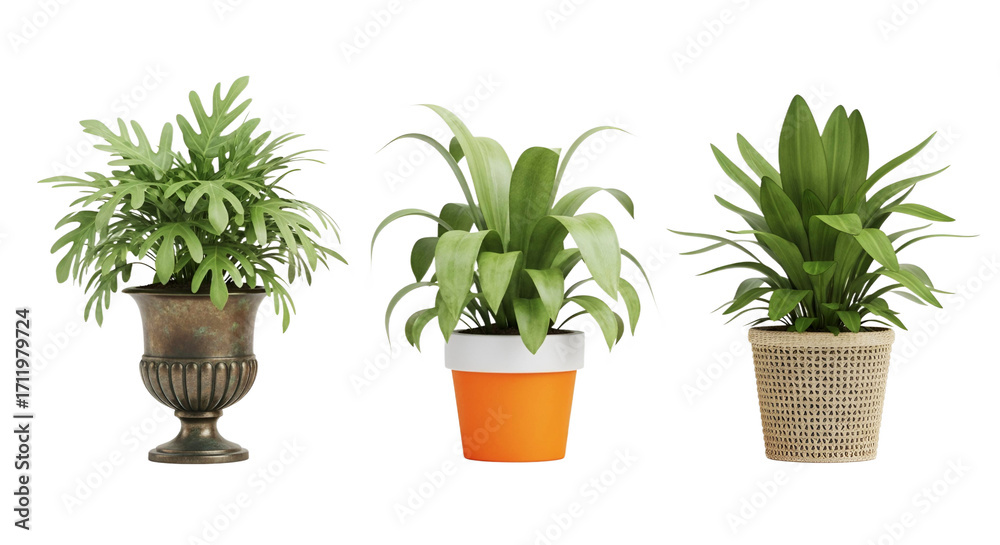 Obraz premium Elegant Set of Three Ornamental House Plants in Pots Isolated on Transparent Background PNG