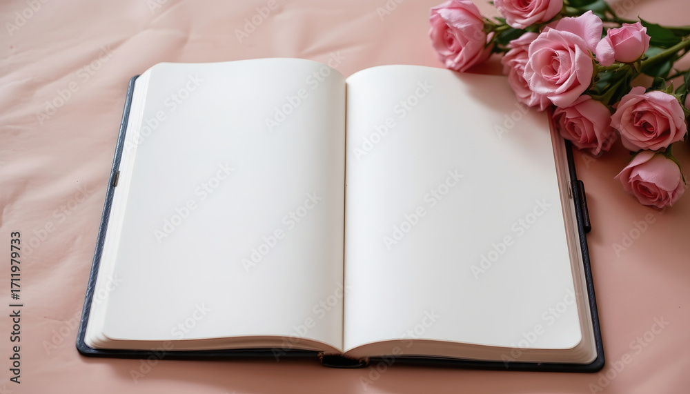 Fototapeta premium Open blank journal page gratitude journaling flat lay with pink rose bouquet and warm light