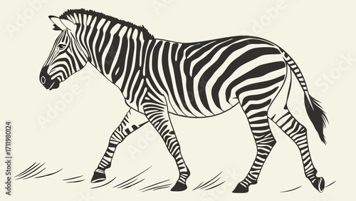 Striped Equine Walking Black and White Zebra Illustration Wildlife Animal Graphic Design.