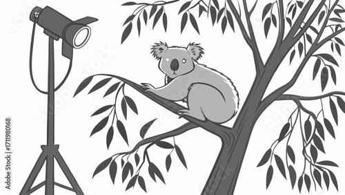 Studio lighting illuminating a marsupial on a tree branch.