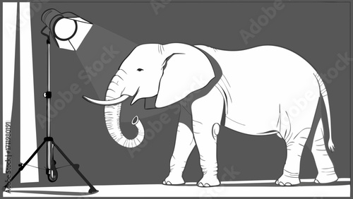 Studio Lighting Elephant Illustration Black and White Wildlife Art Graphic Design.