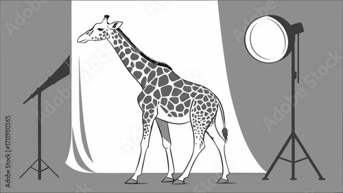 Studio Photography Giraffe Animal Black and White Illustration Photo Shoot Setup Wildlife Art Monochrome Graphic Elegant Animal Portrait Camera Equipment Lighting Set Backdrop Scene Cle.