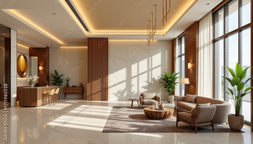 Fototapeta premium macro cinematic render of hotel lobby with acoustic design hyper realistic visualization showing soft materials furniture layout lighting balance creating comfortable quiet welcoming environment for g