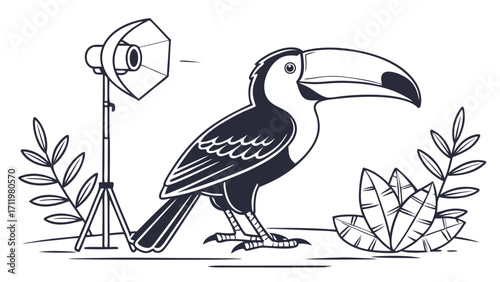 Studio portrait of a tropical bird illuminated by a photography light surrounded by foliage.
