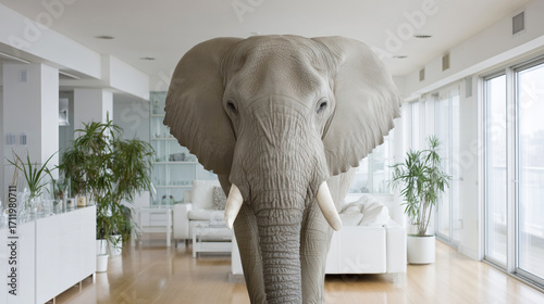Large elephant standing in modern living room. Literal interpretation of elephant in the room idiom.