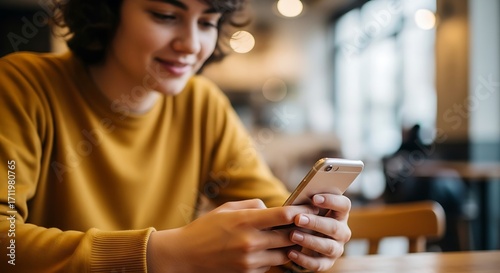 Young Woman Using Smartphone in Cafe.