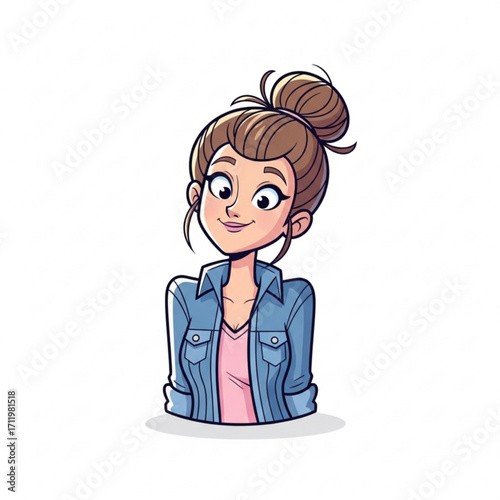Illustration of cartoon girl with hair bun wearing denim jacket