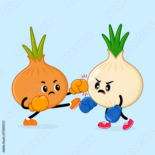 Cartoon onions boxing with each other in a playful and humorous illustration.