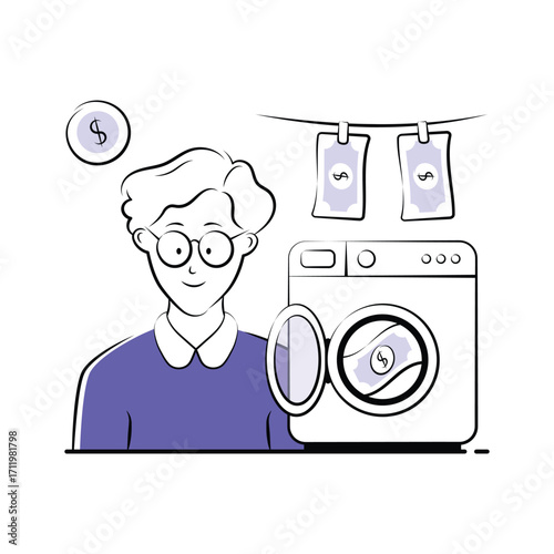 Money Laundering Illustration with Washing Machine and Illegal Finance