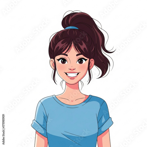 Illustration of young woman with dark hair in a ponytail, smiling