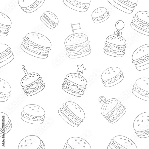 doodle burger pattern background. doodle fast food burger seamless pattern background. seamless pattern of hamburger in doodle style. Seamless Pattern of a Cheese Burger. Burger with stick. 