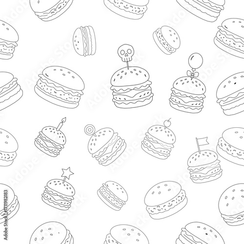 doodle burger pattern background. doodle fast food burger seamless pattern background. seamless pattern of hamburger in doodle style. Seamless Pattern of a Cheese Burger. Burger with stick. 