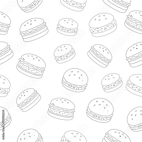 doodle burger pattern background. doodle fast food burger seamless pattern background. seamless pattern of hamburger in doodle style. Seamless Pattern of a Cheese Burger. Burger with stick. 