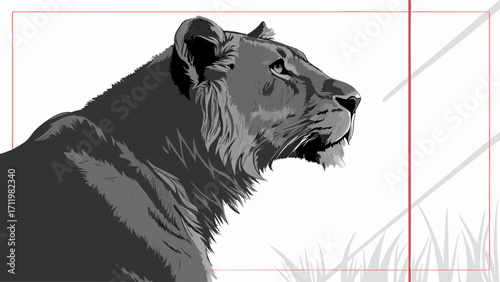 Stylized grayscale illustration of a lioness profile view wildlife art minimalist design.