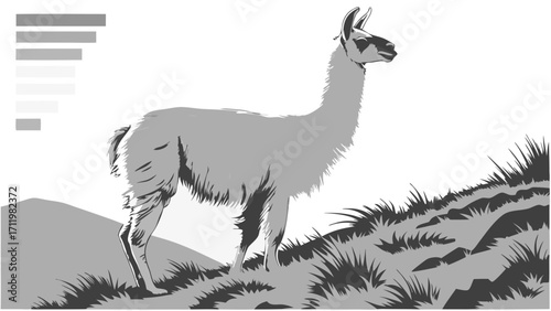 Stylized grayscale illustration of a llama standing in grassy hills.