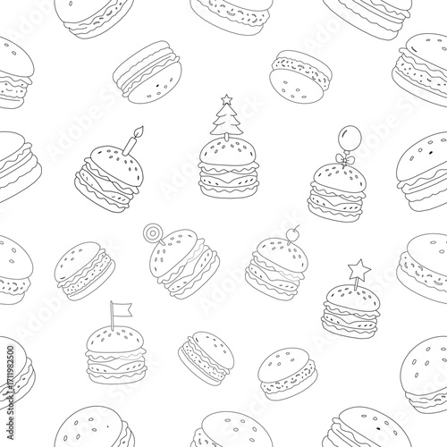 doodle burger pattern background. doodle fast food burger seamless pattern background. seamless pattern of hamburger in doodle style. Seamless Pattern of a Cheese Burger. Burger with stick. 