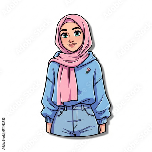 Illustration of young muslim woman wearing hijab and casual clothes