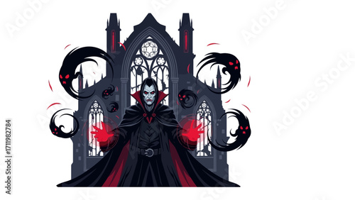Mysterious Vampire in Gothic Cathedral: A striking illustration of a vampire, radiating sinister energy. He stands before a gothic cathedral. Dark, ominous shadows encircle him.